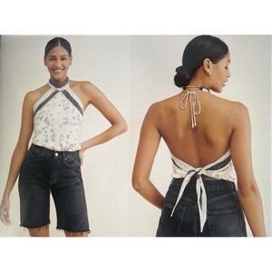 Free People 1 Thing Bodysuit scarf top halter neckline tie back closure Ivory LG